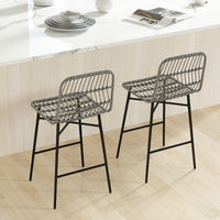 Rattan Counter Height Bar Stools Set of 2, 26" Counter Stools with Back, Modern Bar Chairs for Kitchen Island, Grey
