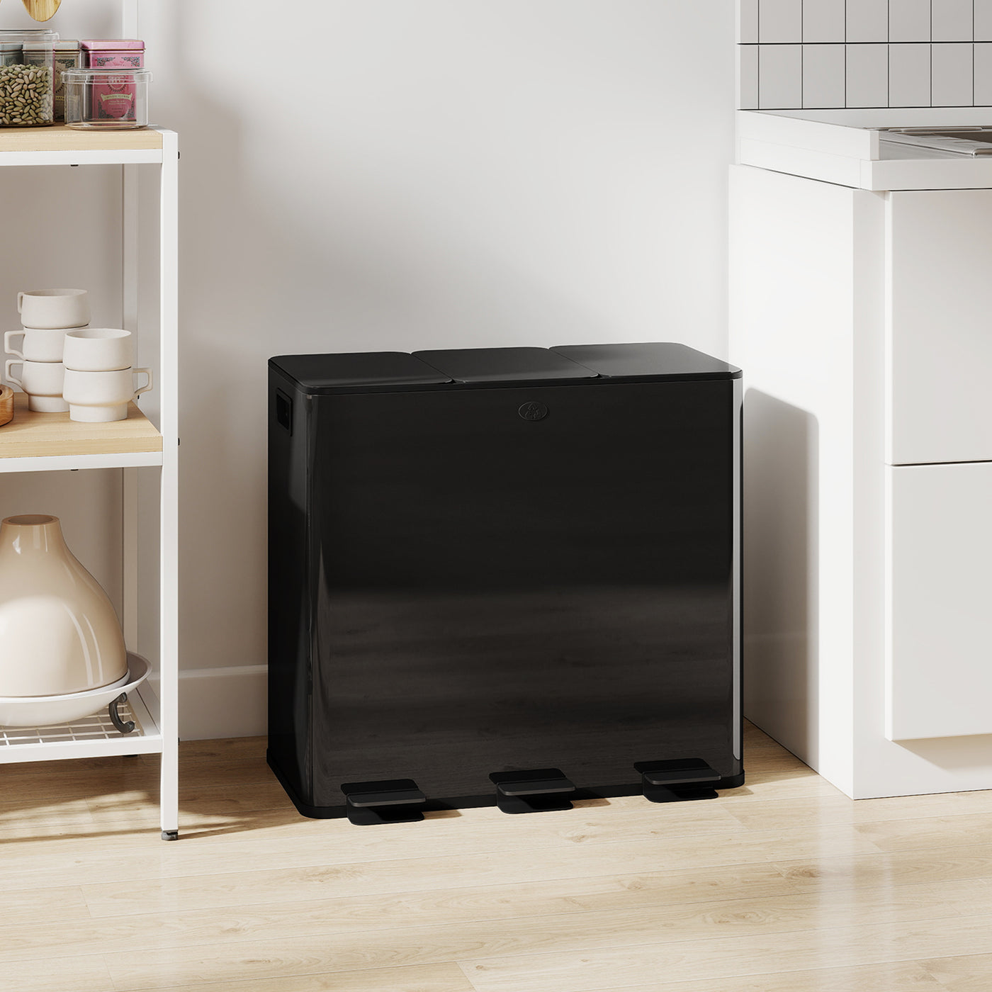 Garbage Bin, Soft-Close Trash Can with Foot Pedal, 3x5 Gallon (3x20 L) Garbage Can with Removable Inner Buckets, Black