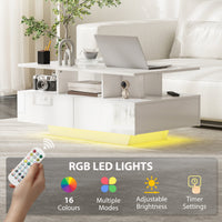 Coffee Table with RGB LED Lights, Modern Living Room Table with 4 Drawers, Open Shelf, Remote Control, High Gloss White