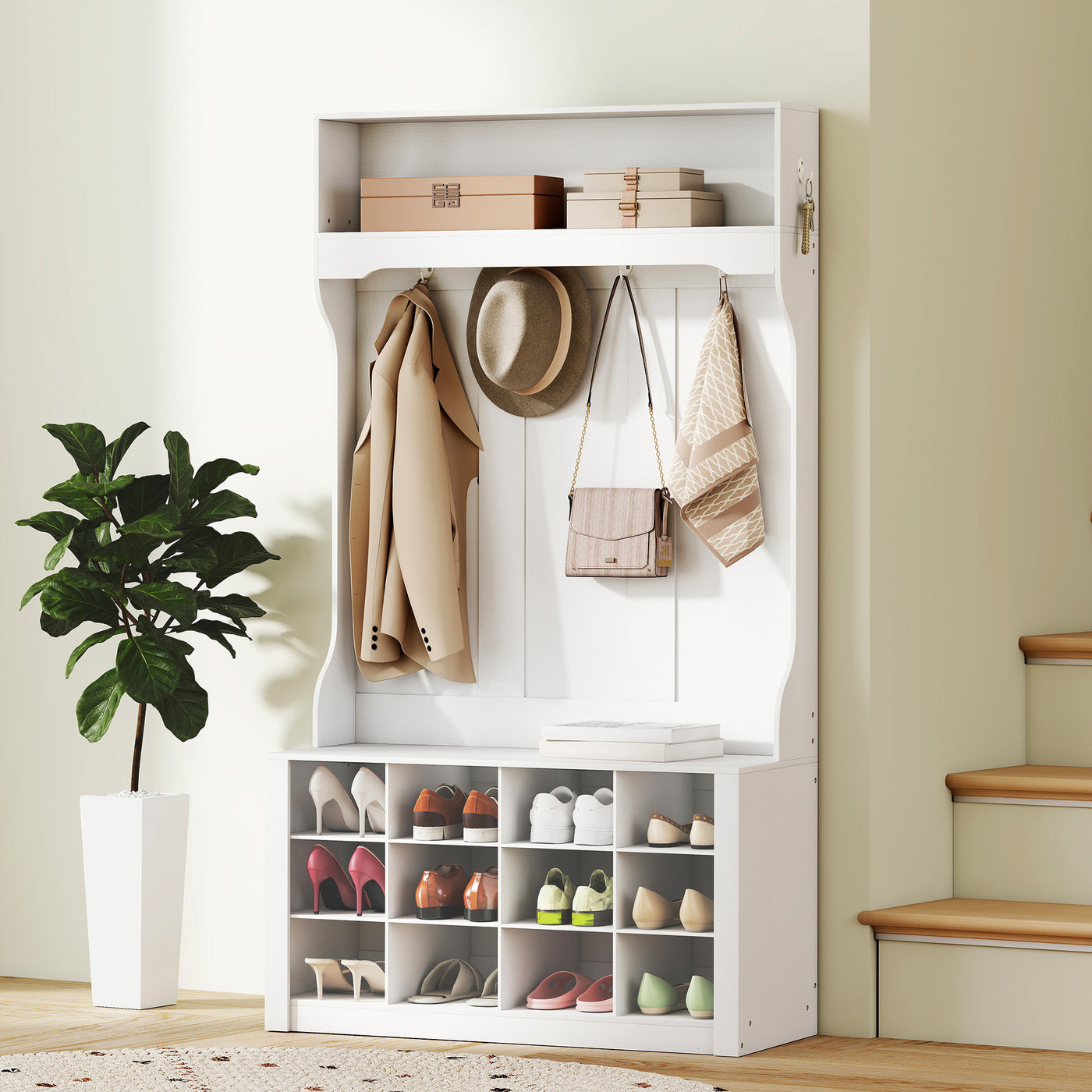 4-In-1 Hall Tree with Bench and Shoe Storage, Farmhouse Coat Rack Shoe Bench with 12 Shoe Cubbies, 6 Hooks, White