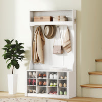 4-In-1 Hall Tree with Bench and Shoe Storage, Farmhouse Coat Rack Shoe Bench with 12 Shoe Cubbies, 6 Hooks, White