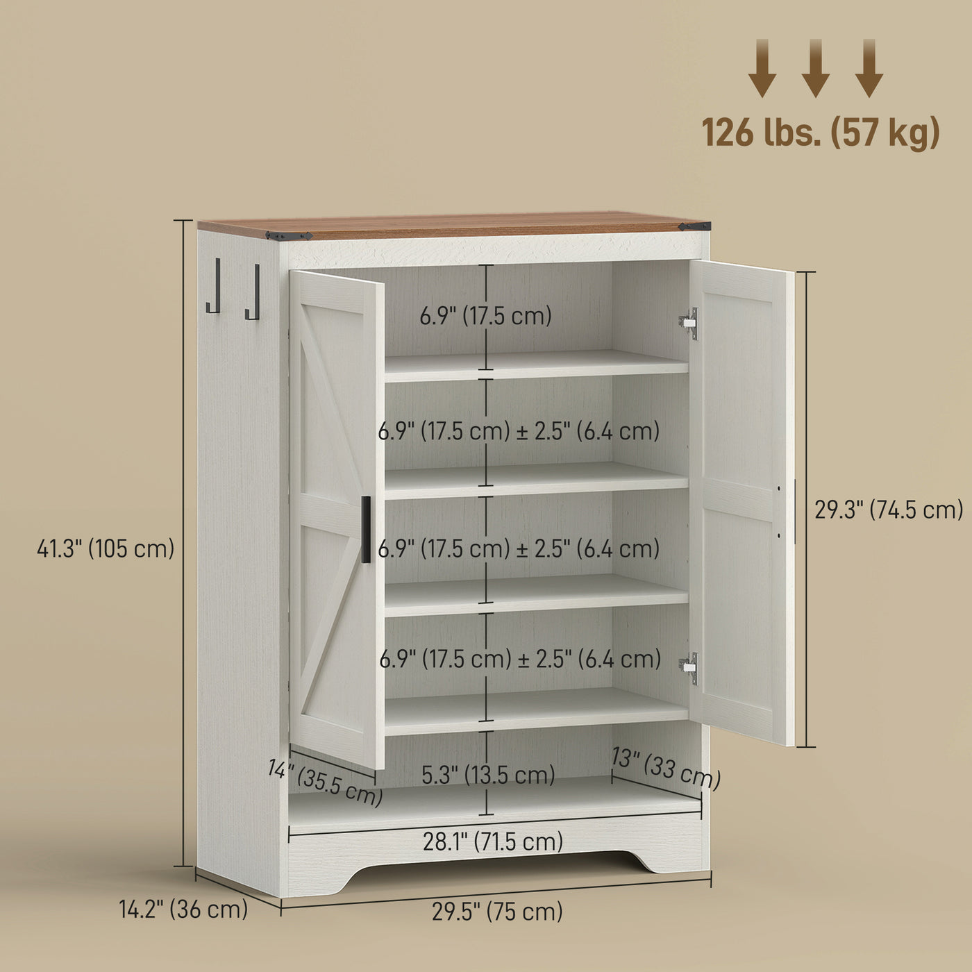 5-Tier Shoe Storage Cabinet for 15 Pairs, Freestanding Farmhouse Shoe Cabinet, White