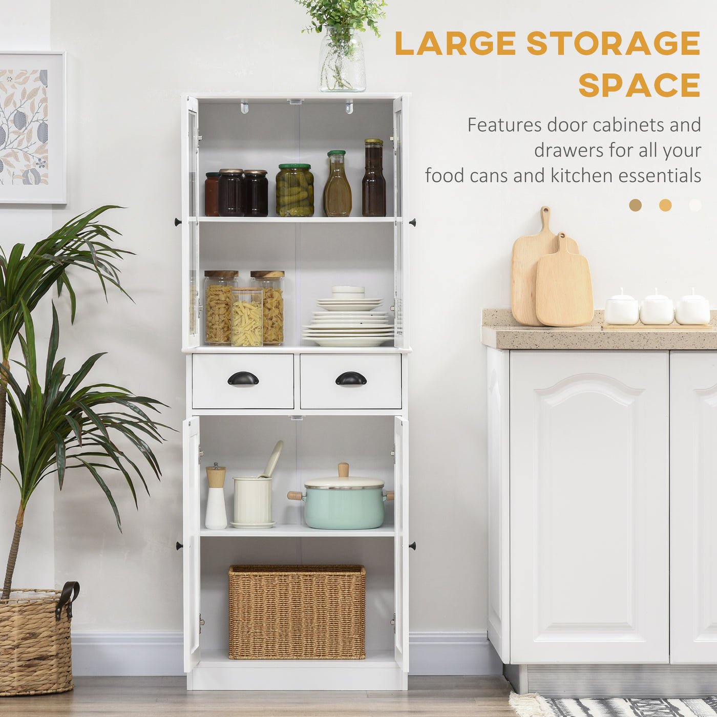 61" Kitchen Pantry Cabinet, Freestanding Farmhouse Buffet Storage Cabinet with Soft Close Glass Doors and Adjustable Shelves, White
