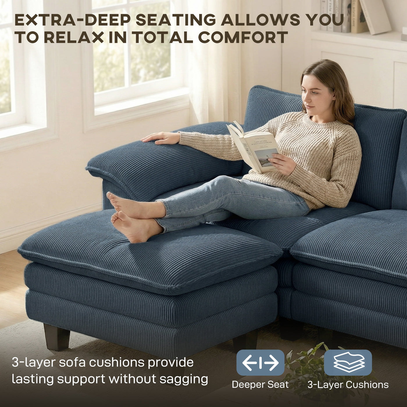 Sectional Sofa, L Shaped Couch with Deep Seat, Movable Ottoman and Pillow-top Armrests, Blue