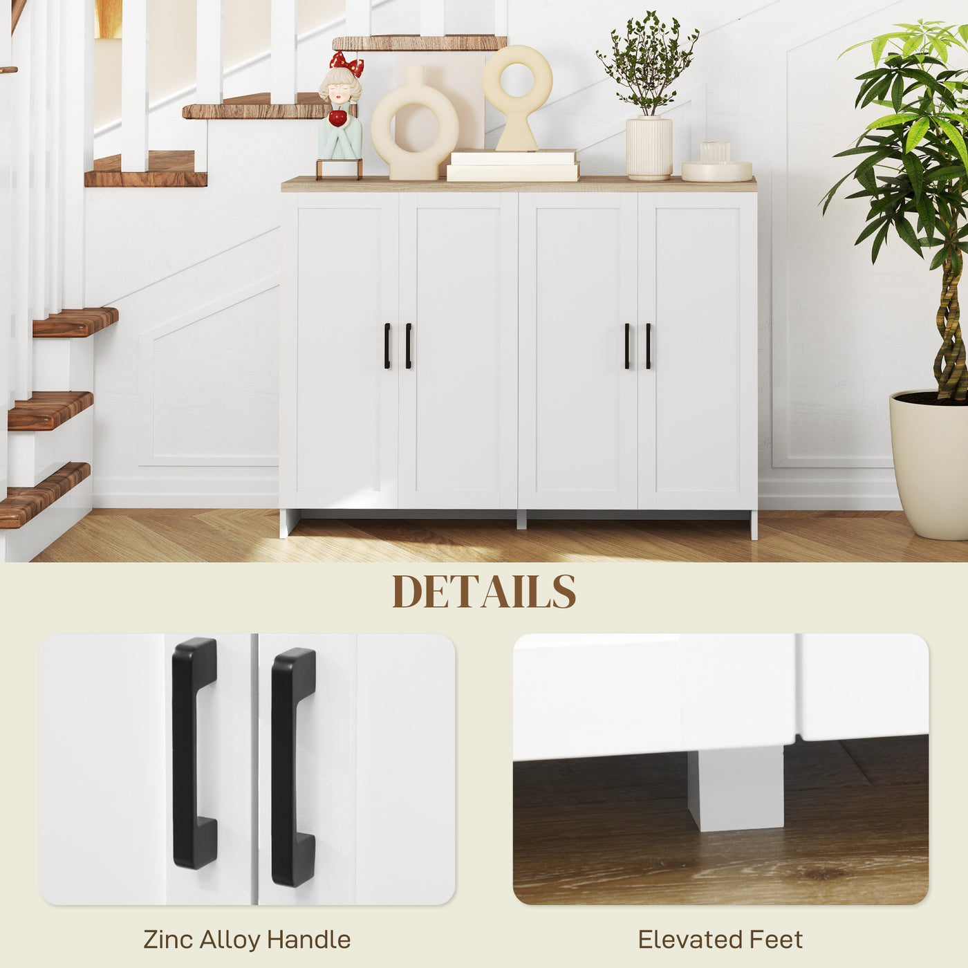 Modern Sideboard Buffet Cabinet, Modern Kitchen Storage Cabinet with 4 Doors Adjustable Shelves, for Dining Room, White
