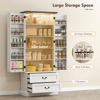 72" LED Kitchen Pantry Cabinet, Buffet Storage Cabinet with 10 Door Shelves, 2 Drawers and Adjustable Shelves, White