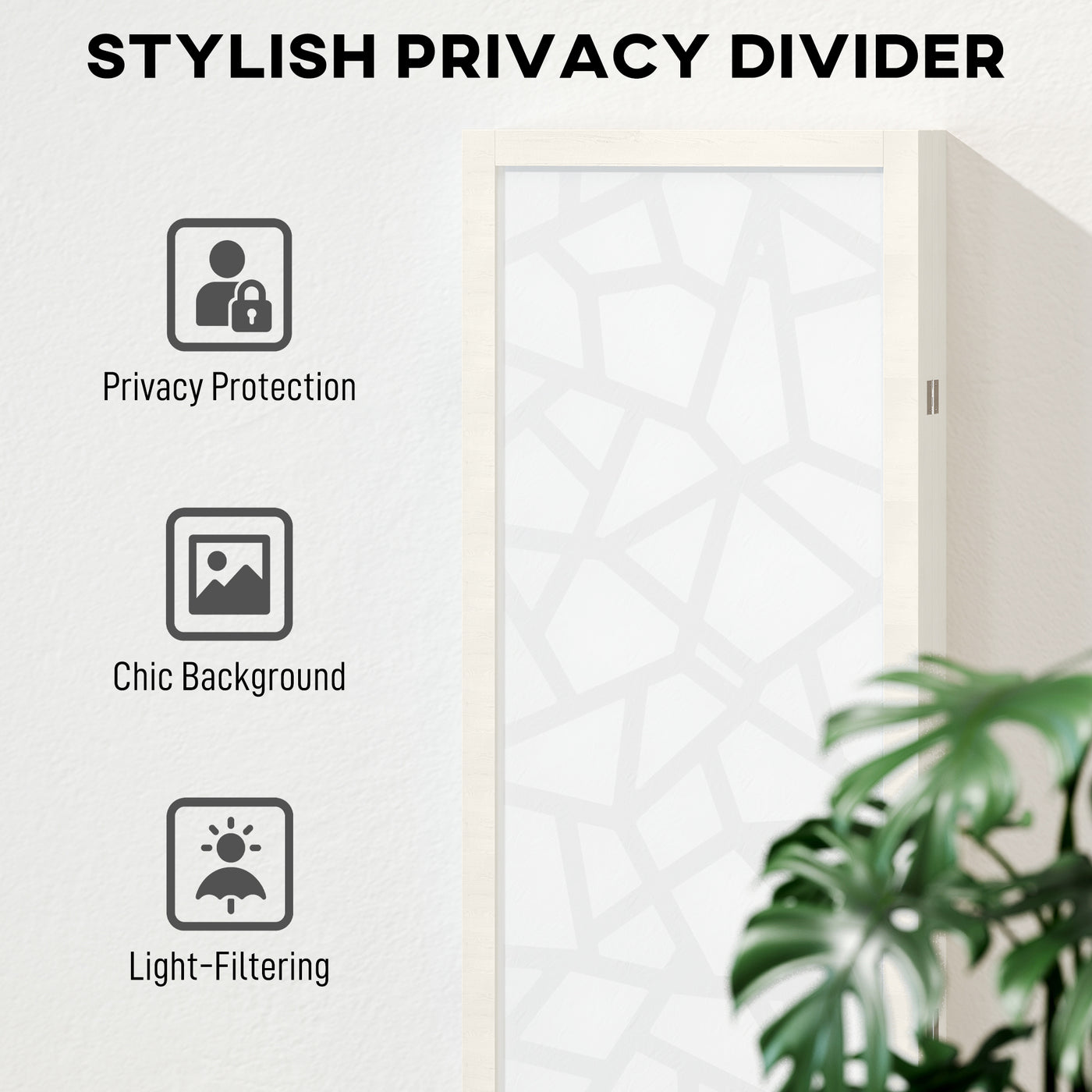 4 Panel Room Divider, 5.6 FT Lightweight Folding Privacy Screen with Geometric Pattern for Living Room, Bedroom, White