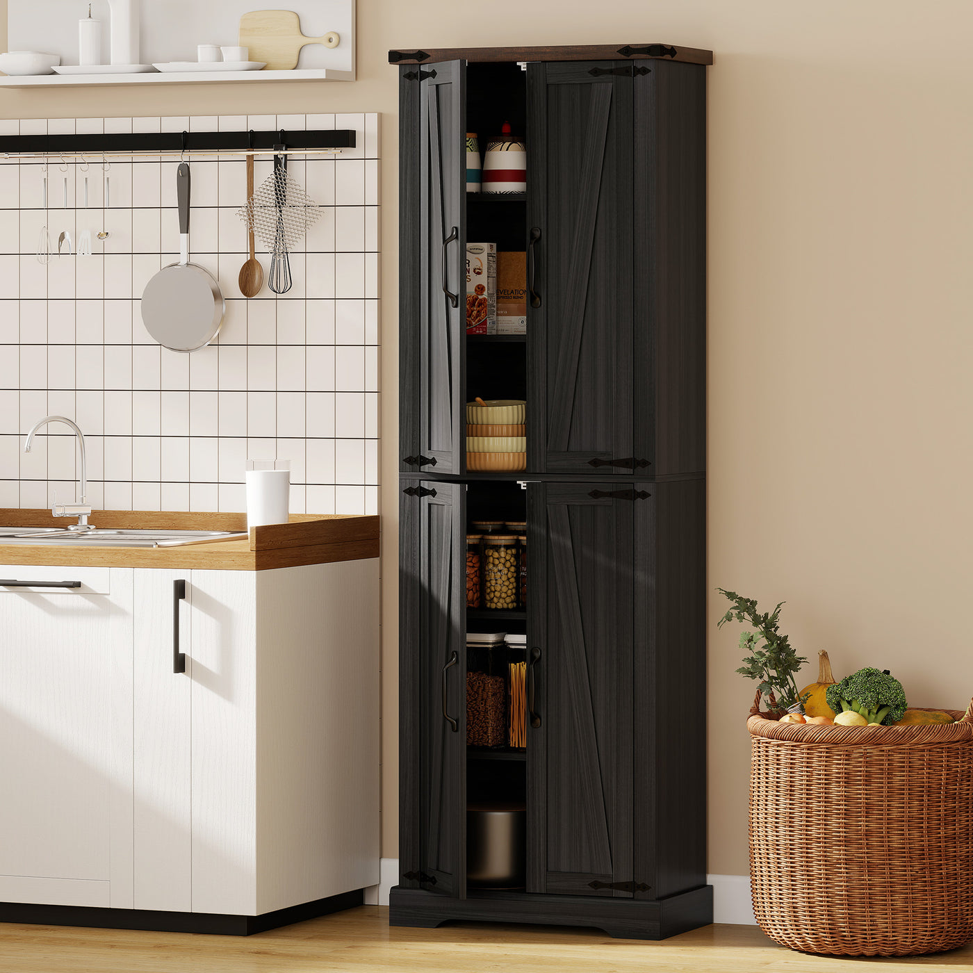 72" Pantry Cabinet, Farmhouse Freestanding Kitchen Storage Cabinet with Adjustable Shelves for Dining Room, Black