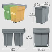 Pull Out Trash Can Under Cabinet, 10.6 Gallon (40L) Slide Out Garbage Can with 2 Removable Compartments, Grey