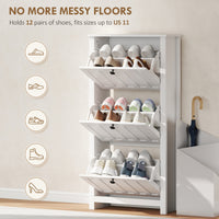 Slim Shoe Cabinet with 3 Flip Drawers, Shoe Storage Cabinet with Adjustable Shelves for Entryway, Holds 12 Pairs, White