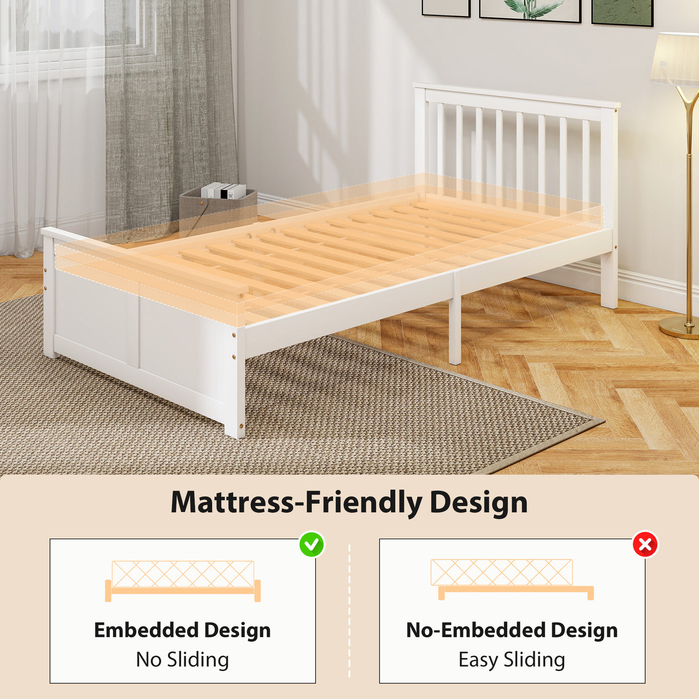 Pine Twin Bed Frame, Wood Storage Bed Frame with Drawers, Wood Slat Support, No Box Spring Needed, Easy Assembly, White