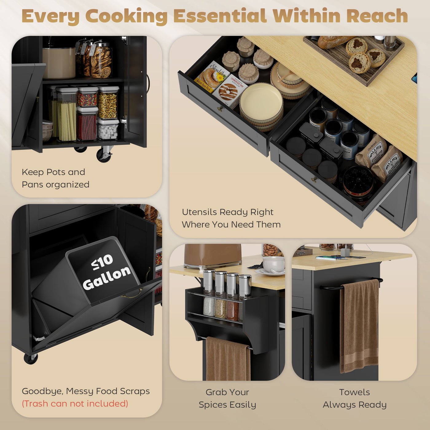 Kitchen Island Cart with Charging Station and Drop Leaf, Kitchen Island Table on Wheels with Trash Can Cabinet, Black
