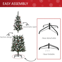 5ft Decorated Christmas Tree with Red Berries and Pine Cones, Flocked Christmas Tree with Pencil Shape, Green