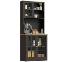 Kitchen Buffet with Hutch, Storage Pantry with 3 Cabinets, 2 Open Shelves and Large Countertop, Black