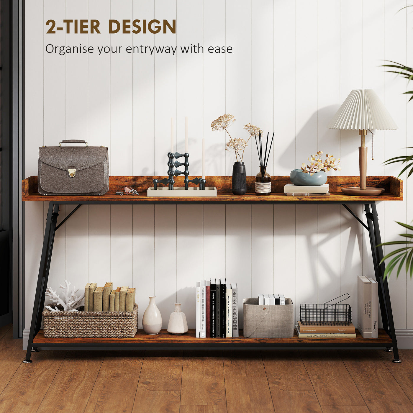 71" Extra Long Console Table with Storage Shelf and Guardrails, Industrial Entryway Table for Living Room, Rustic Brown