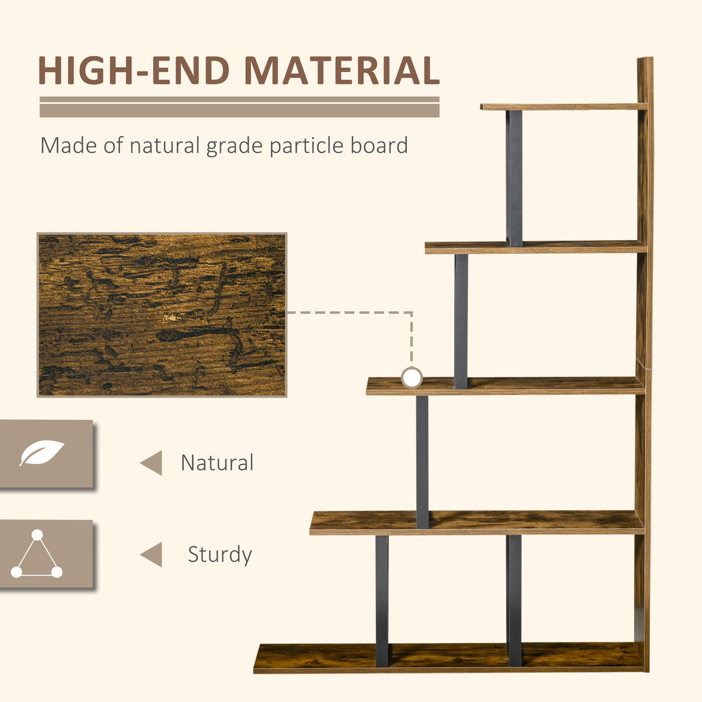 5-Tier Ladder Bookshelf, Wooden Ladder Bookshelf, Display Stand Organizer for Living Room Indoor Corner Shelf - Rustic Brown