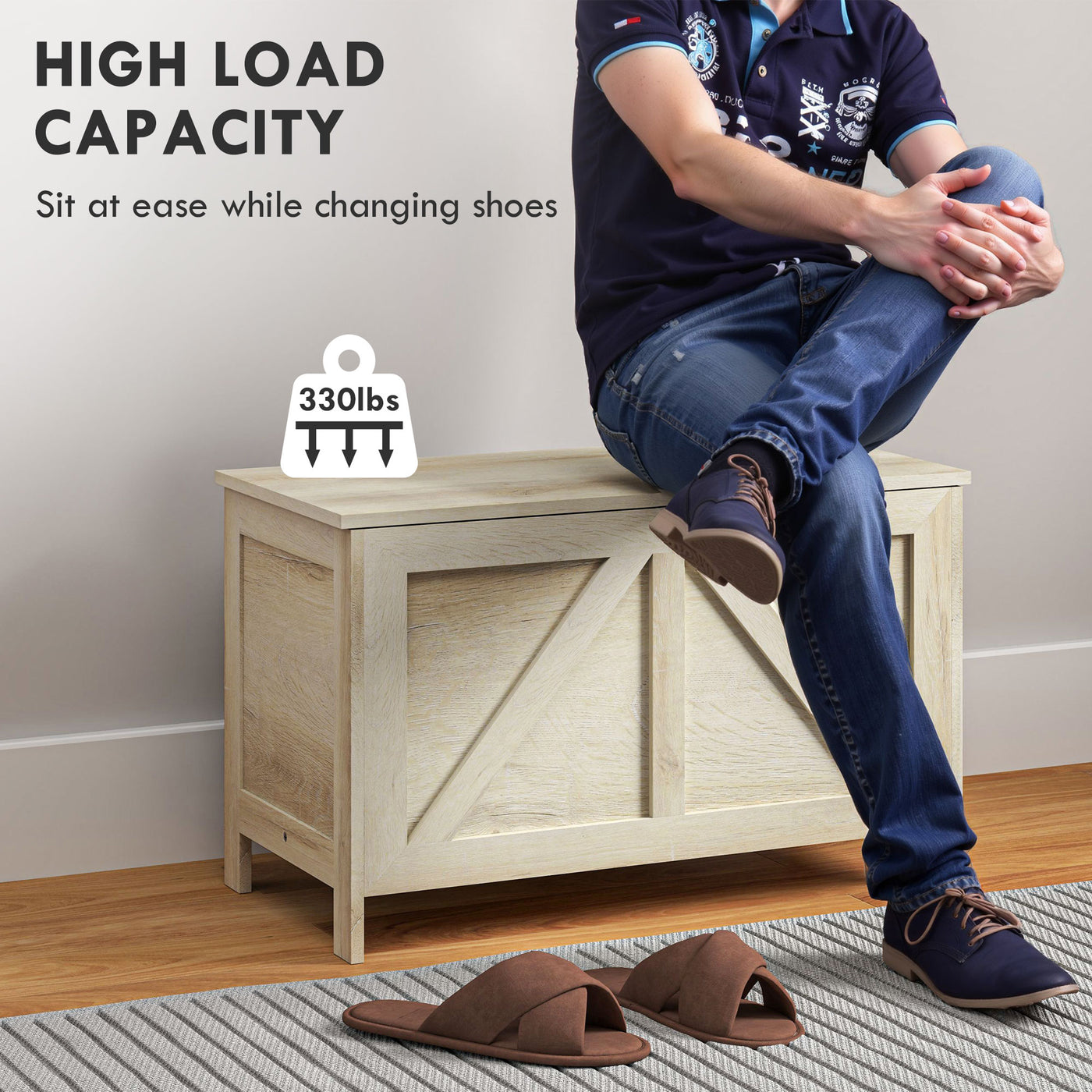 Storage Trunk Box Organizer with Farmhouse Panel Safety Hinge to Open Up 100° Natural