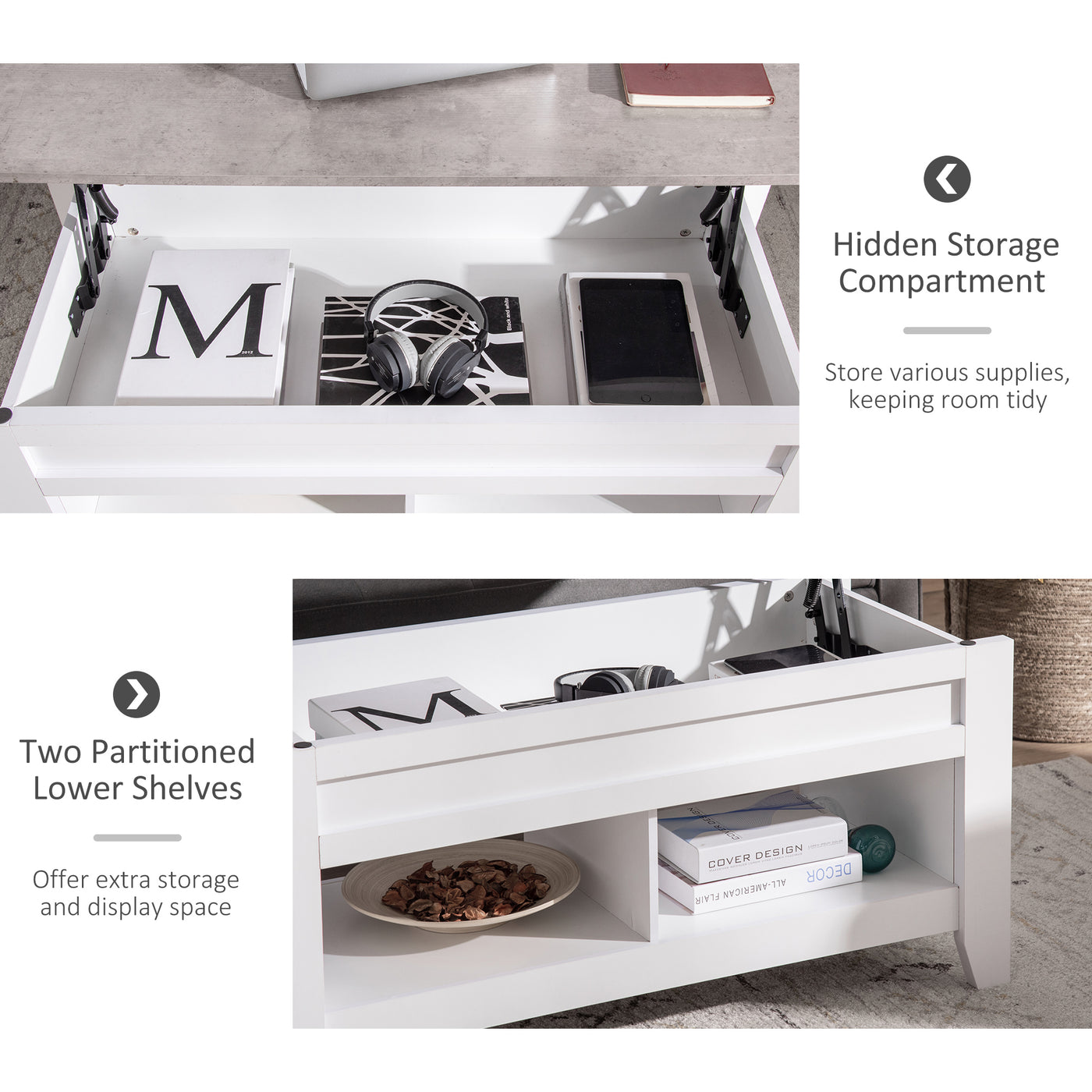 Lift Top Coffee Table with Hidden Storage Compartment and Open Shelves, Lift Tabletop Pop-Up Center Table for Living Room, White