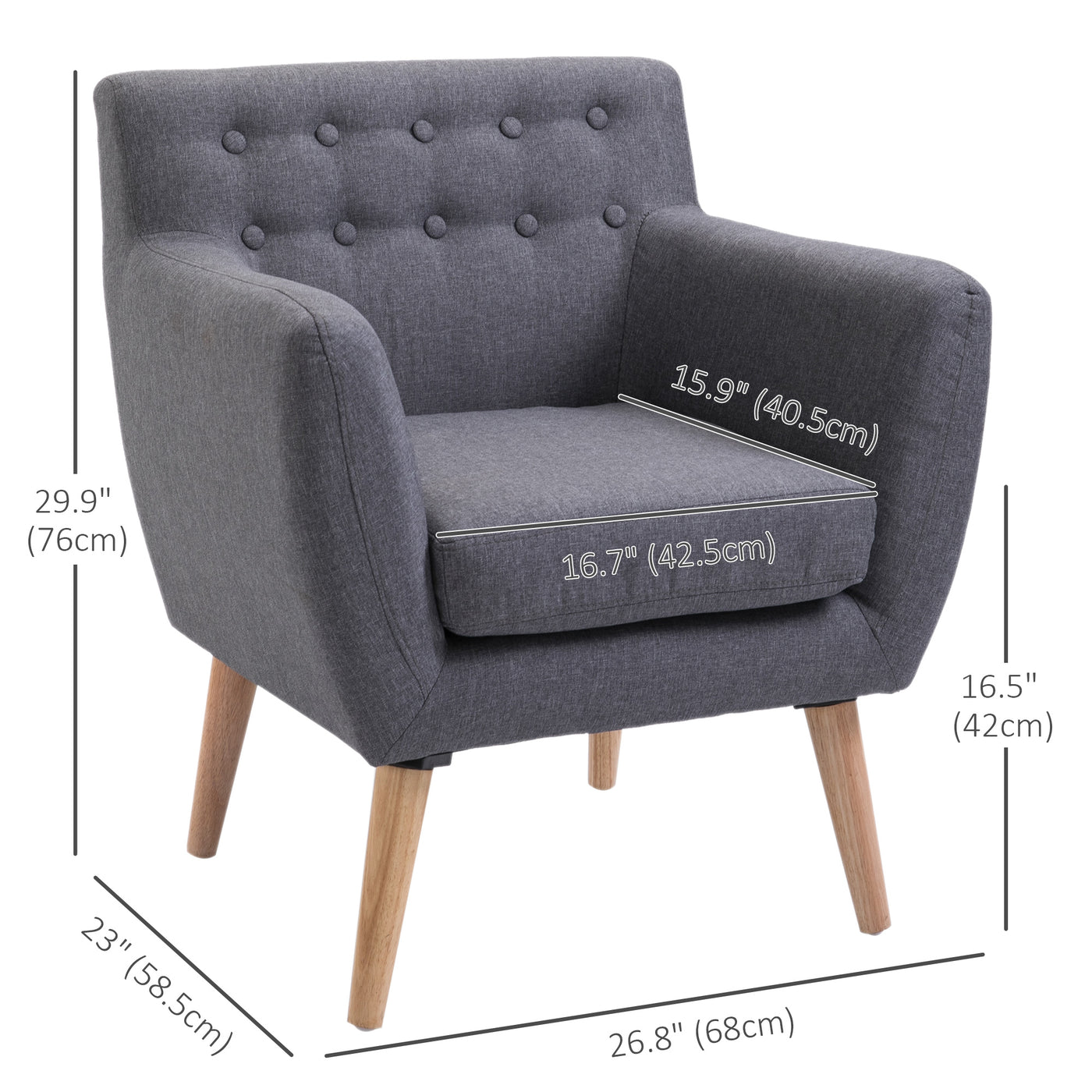 Linen Upholstery Armchair, Mid-Century Modern Accent Chair with Wood Frame and Thick Padding, Light Grey