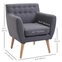 Linen Upholstery Armchair, Mid-Century Modern Accent Chair with Wood Frame and Thick Padding, Light Grey