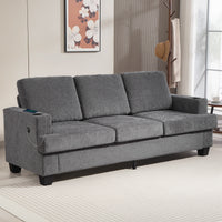 3 Seater Sofa with USB Ports & Cup Holders, Chenille-Feel Upholstered Couch for Living Room, Grey
