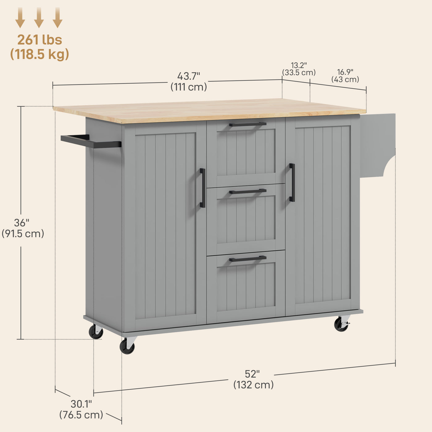 Rolling Kitchen Cart on Wheels with Drop Leaf, Kitchen Island with 3 Drawers, Solid Wood Top and Towel Rack, Grey