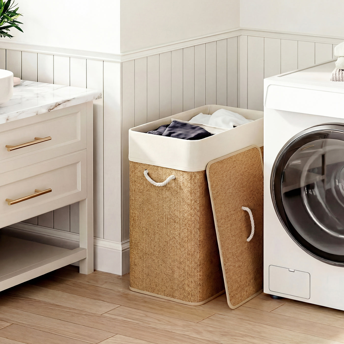 Double Laundry Basket with Lid, 100L Bamboo Laundry Hamper with Rope Handles and Removable Bags, Brown