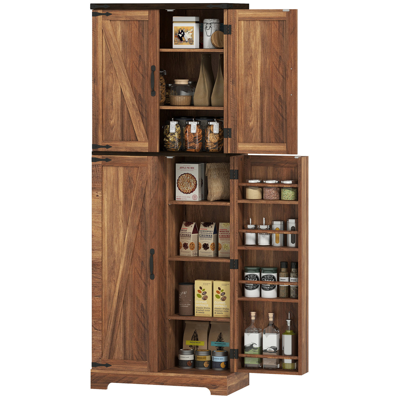 64" Tall Kitchen Pantry Cabinet with Spice Racks and Adjustable Shelves, Brown Wood Grain
