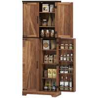 64" Tall Kitchen Pantry Cabinet with Spice Racks and Adjustable Shelves, Brown Wood Grain