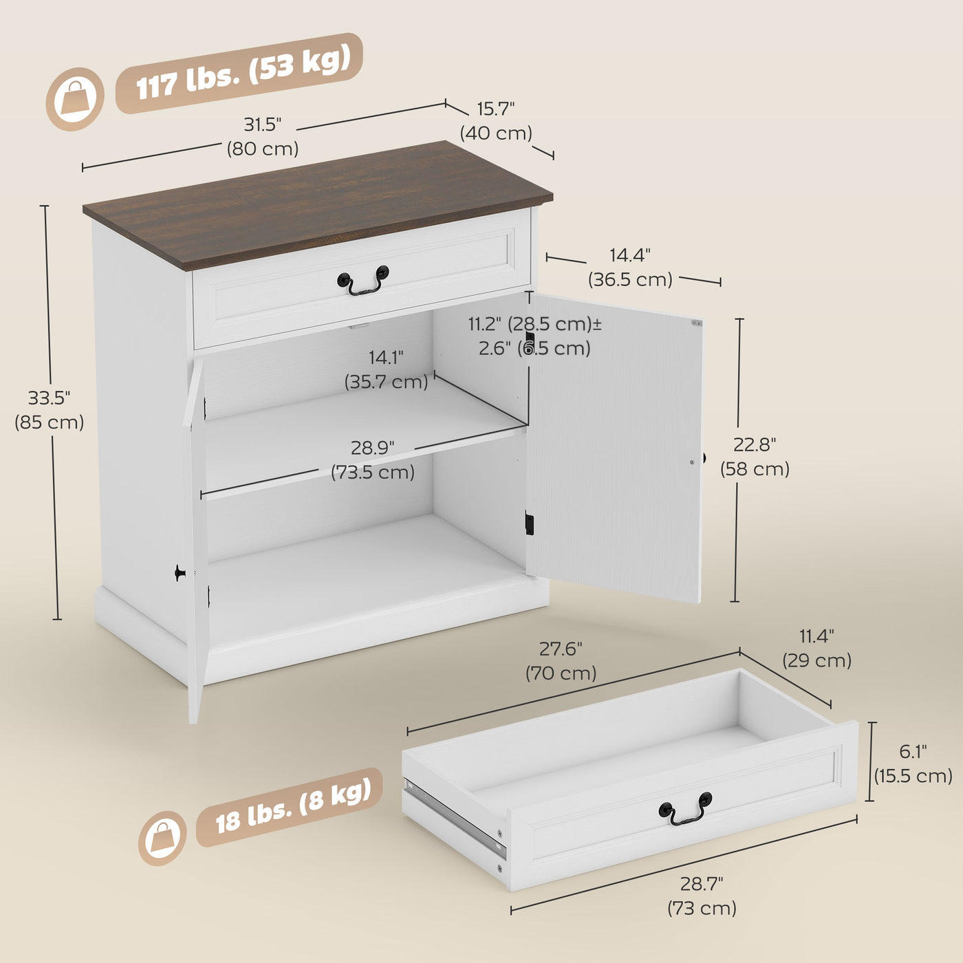 Buffet Cabinet, 32" Farmhouse Sideboard with Thick Top, Quiet Drawer and Adjustable Shelf, White Wood Grain