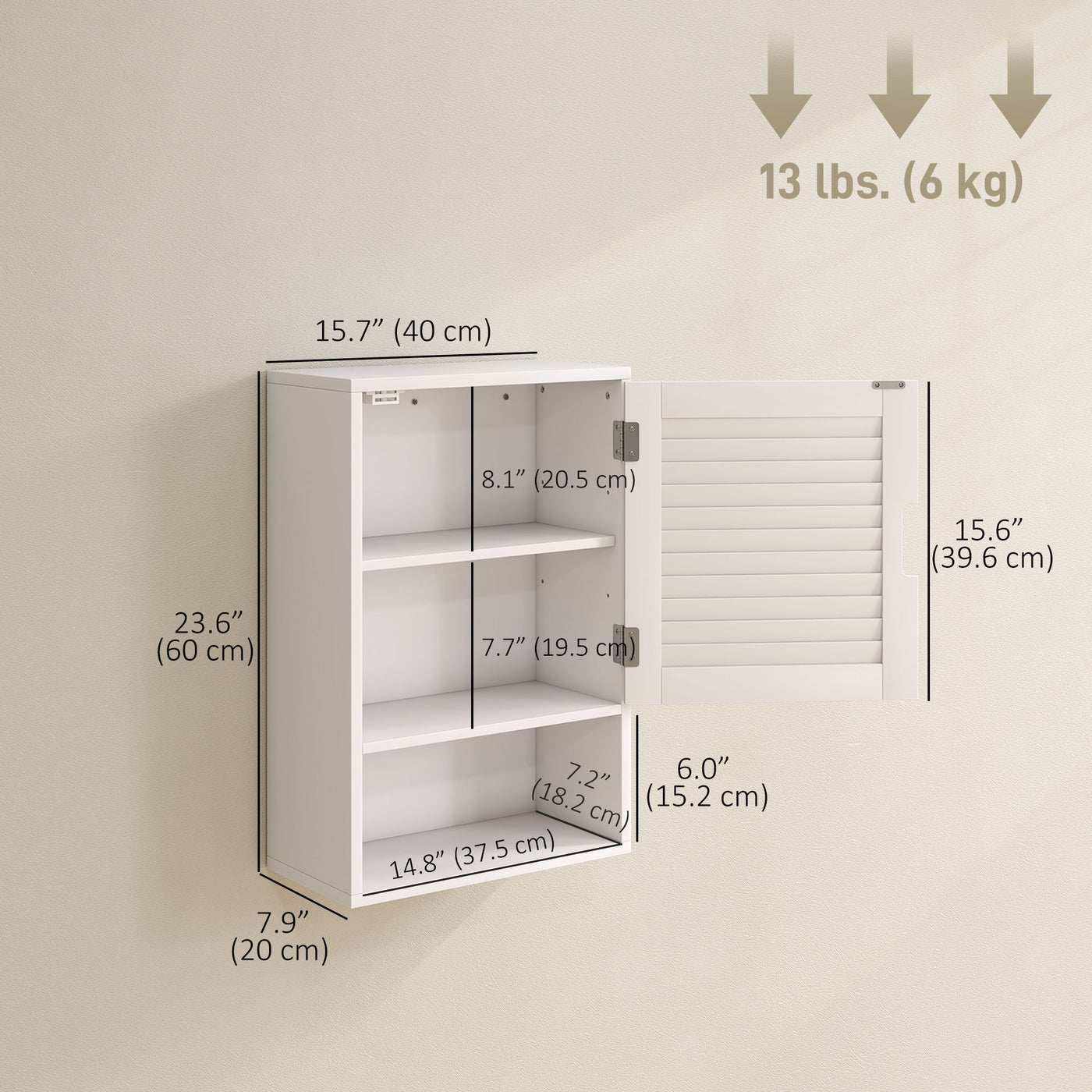 Bathroom Cabinet, Wall Mounted Storage Cabinet with Adjustable Shelves, 40 x 20 x 60 cm, White
