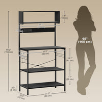 Baker's Rack with Charing Station, Microwave Shelf with Power Outlet, USB Charger and 5 Hooks, Black
