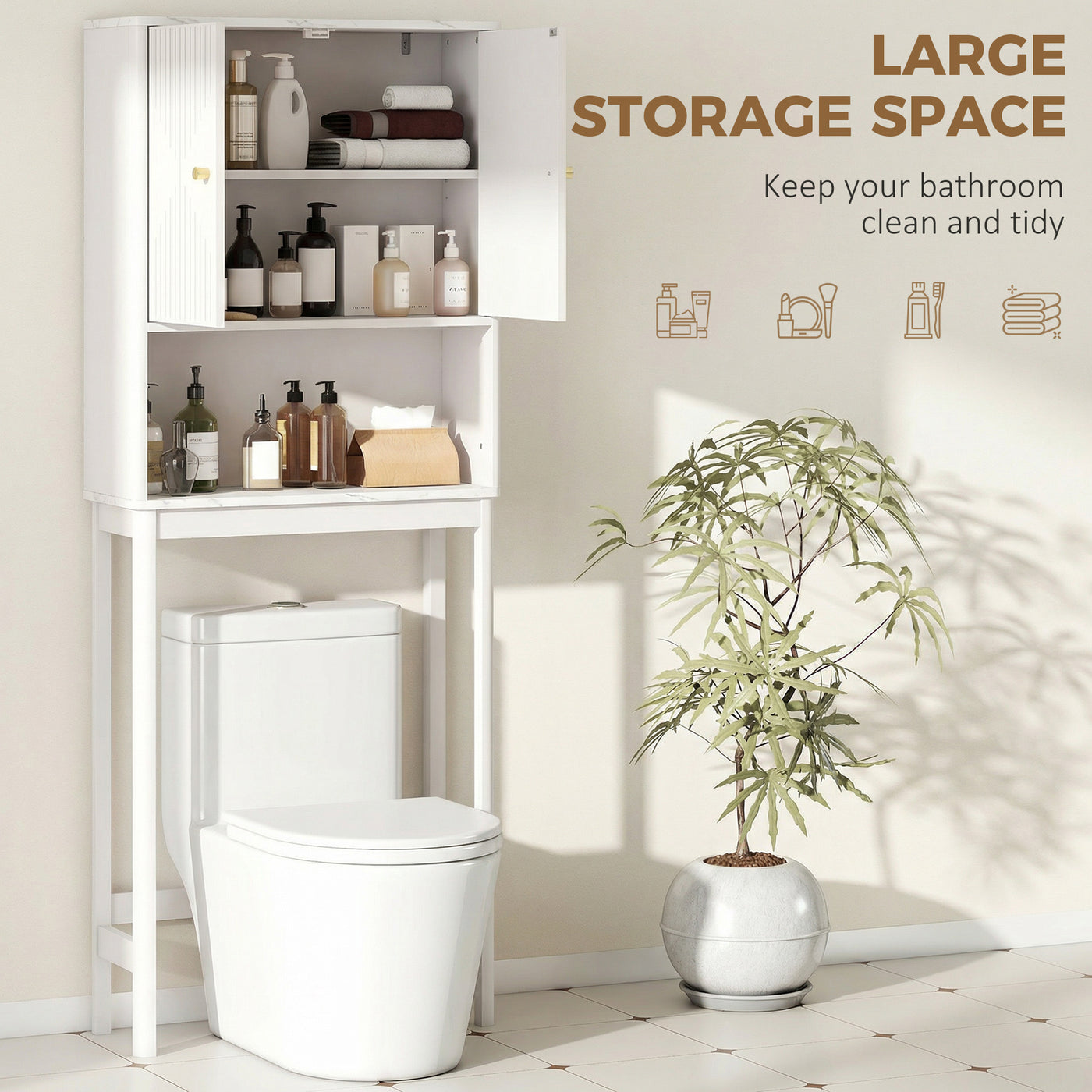 Over The Toilet Storage Cabinet with Adjustable Shelf, Open Shelf and Adjustable Bottom Bar, White