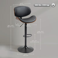 Bar Stools Set of 2, Modern PU Leather Adjustable Swivel Barstools with Curved Back, Footrest and Steel Base, Black