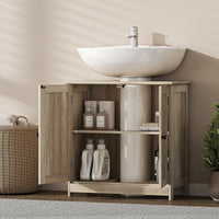 Bathroom Vanity, 24" Pedestal Sink Bathroom Vanity Furniture with 2 Doors and Shelf, Grey Wood Grain