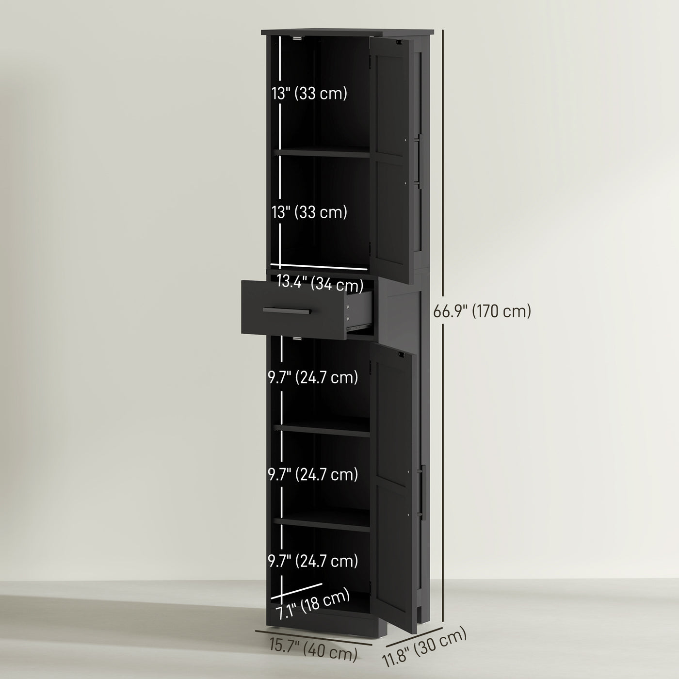 67" Tall Bathroom Cabinet, Narrow Bathroom Storage Cabinet with Drawer, Barn Doors and Adjustable Shelves, Black
