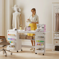 Folding Craft Table, Rolling Sewing Machine Table with Magnetic Doors, Bins, Pegs, Storage Shelf, Lockable Wheels, White