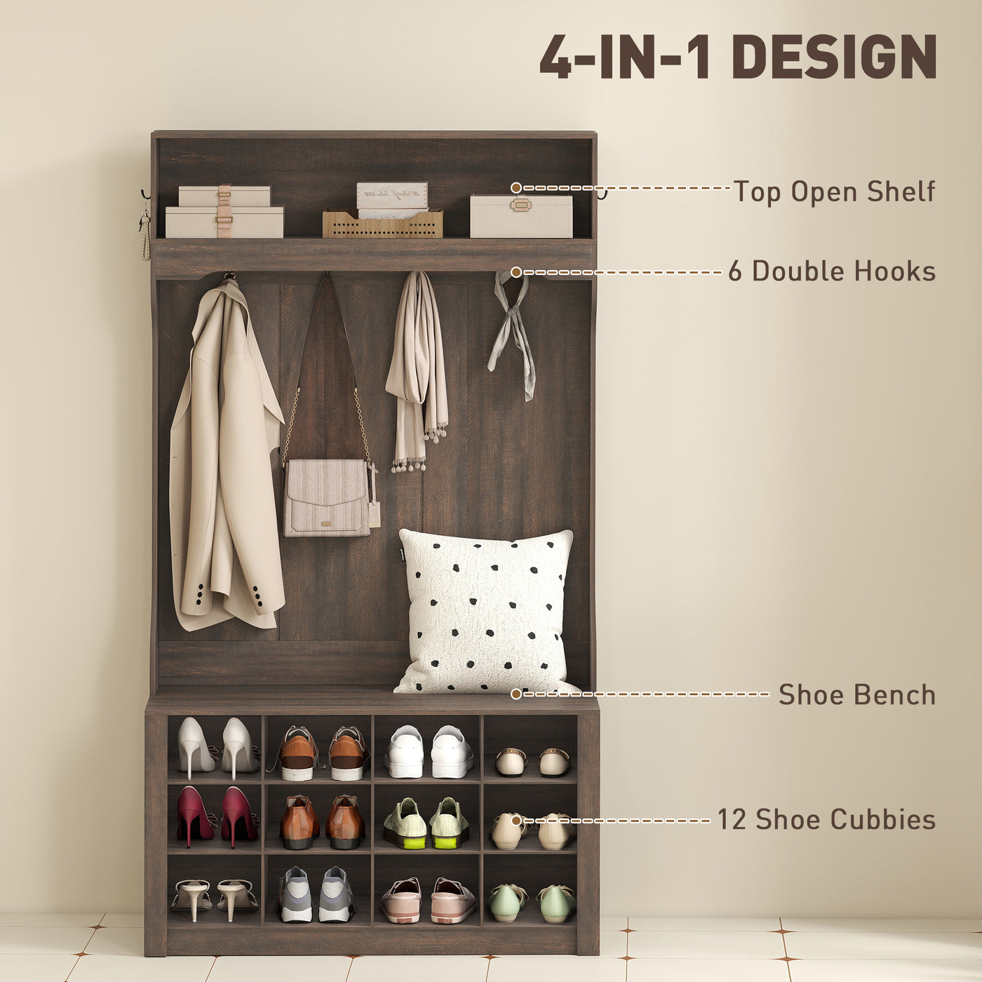 4-In-1 Hall Tree with Bench and Shoe Storage, Farmhouse Coat Rack Shoe Bench with 12 Shoe Cubbies, 6 Hooks, Dark Brown