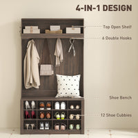 4-In-1 Hall Tree with Bench and Shoe Storage, Farmhouse Coat Rack Shoe Bench with 12 Shoe Cubbies, 6 Hooks, Dark Brown