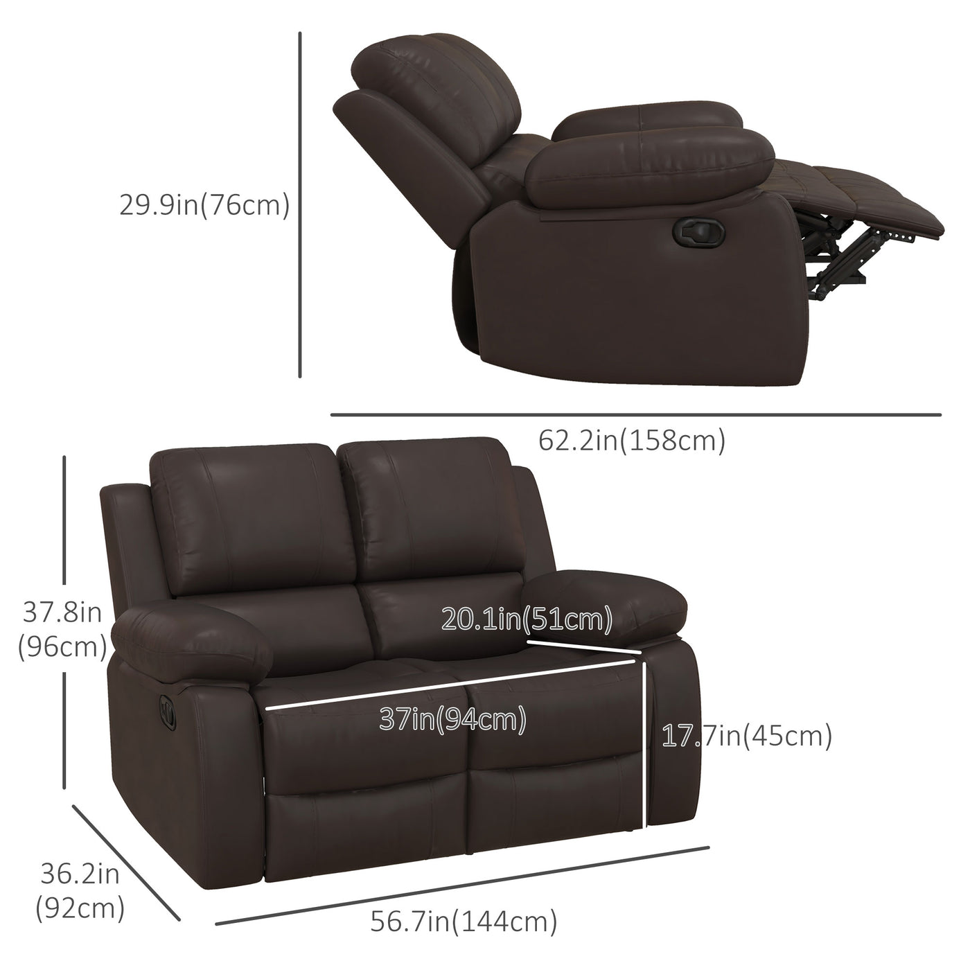 Reclining Loveseat Sofa with Pullback Control Footrest, Leather Manual Recliner for Living Room, Easy Cleaning & Assembly, Brown