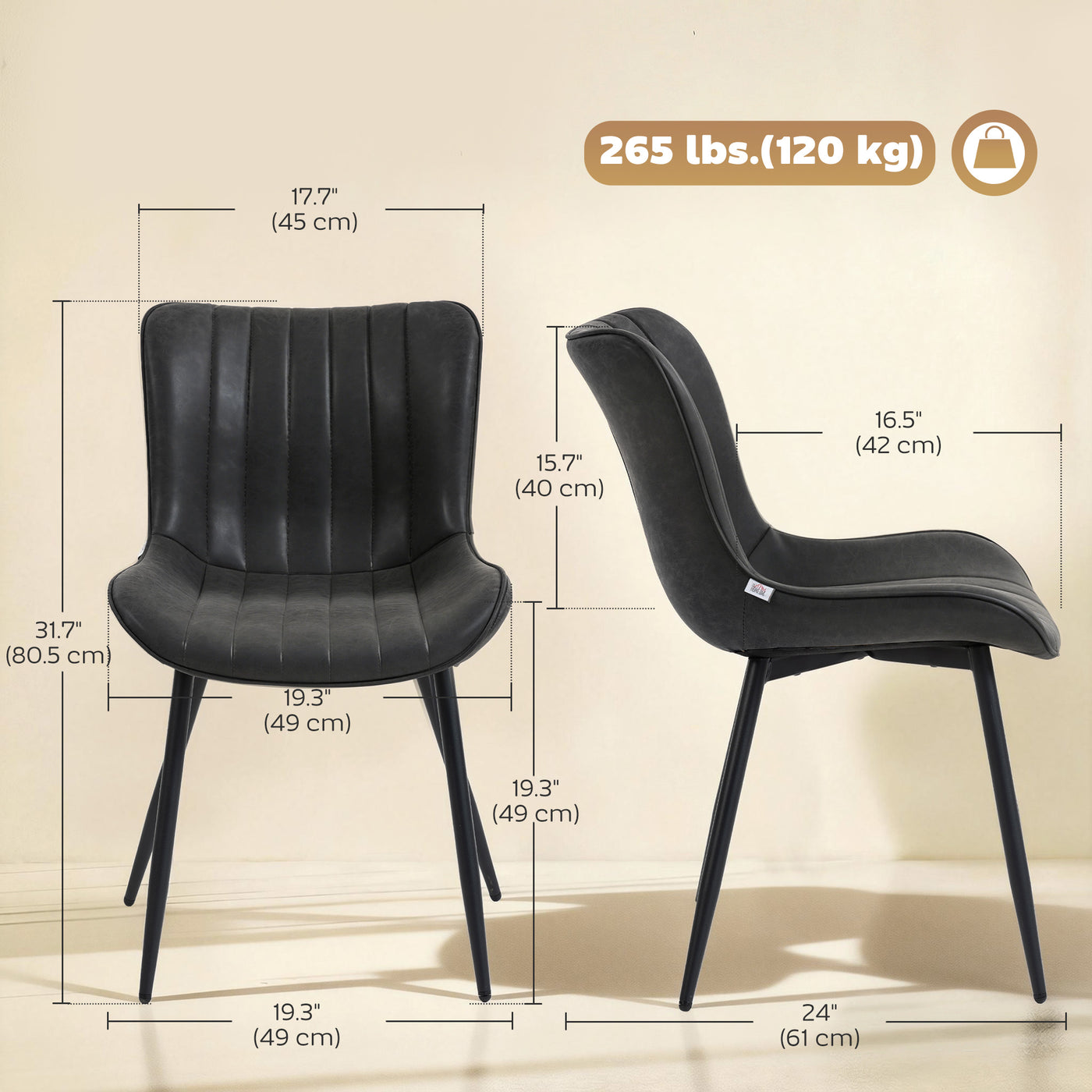 Dining Chairs Set of 2, PU Leather Upholstered Kitchen Chairs with Backrest and Steel Legs, Black