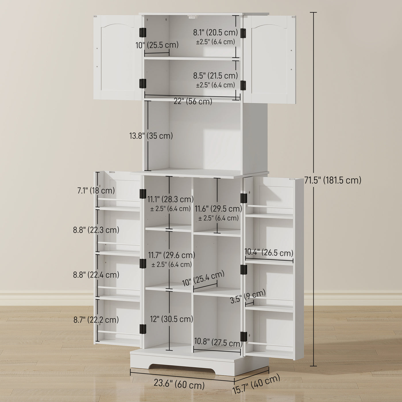71.5" Tall Pantry Cabinet, Farmhouse Kitchen Storage Cabinet with Adjustable Shelves, 8 Door Spice Racks, White