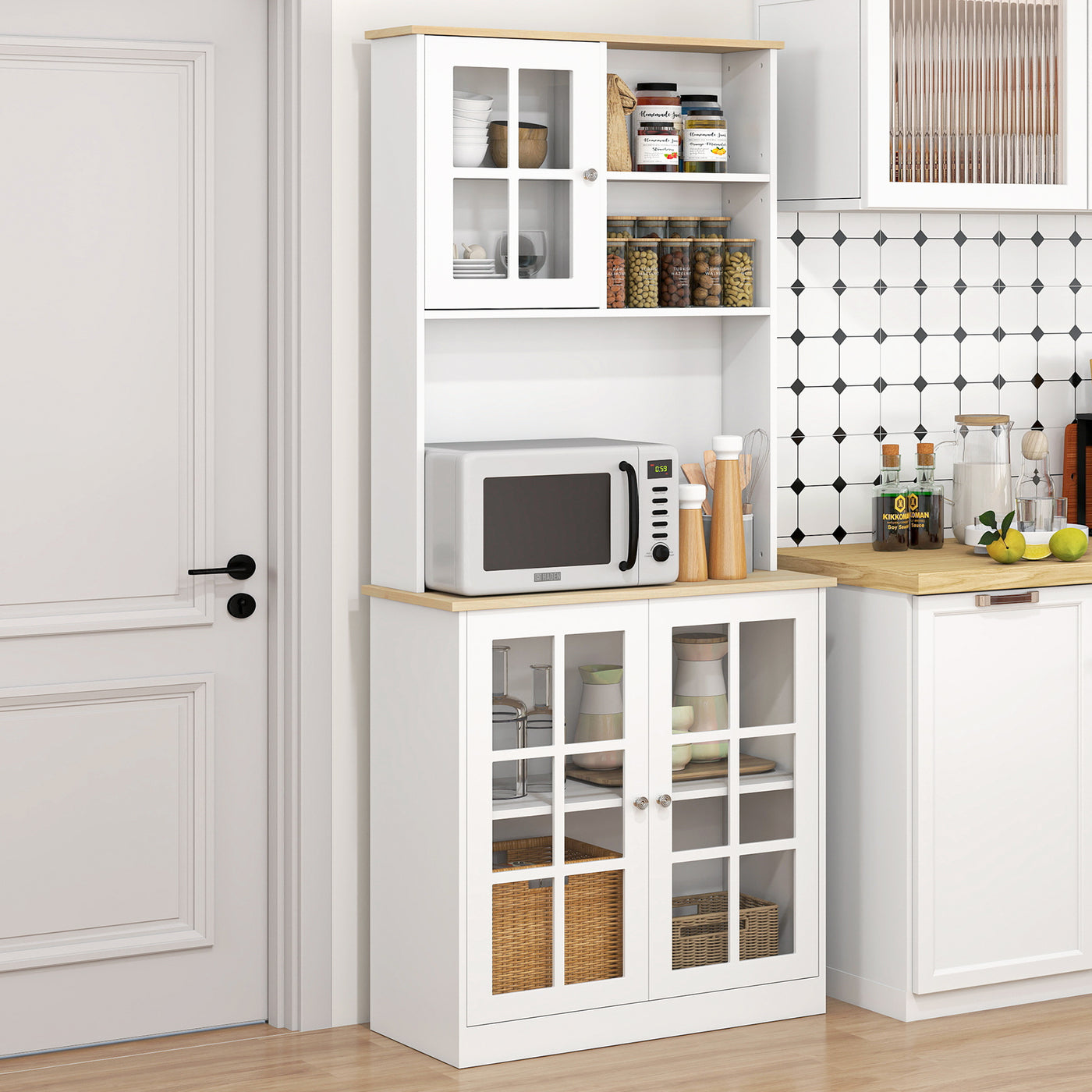 Kitchen Buffet with Hutch, Storage Pantry with 3 Cabinets, 2 Open Shelves and Large Countertop, White