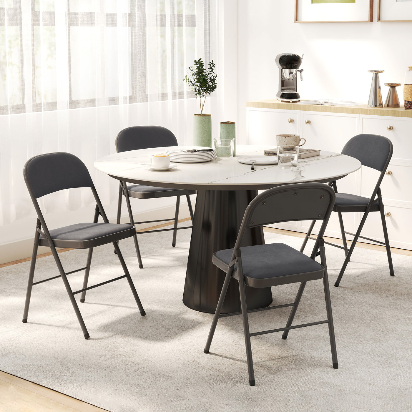 4 Pack Folding Chairs with Padded Seats, Velvet Portable Party Chairs with Steel Frame, Dark Grey