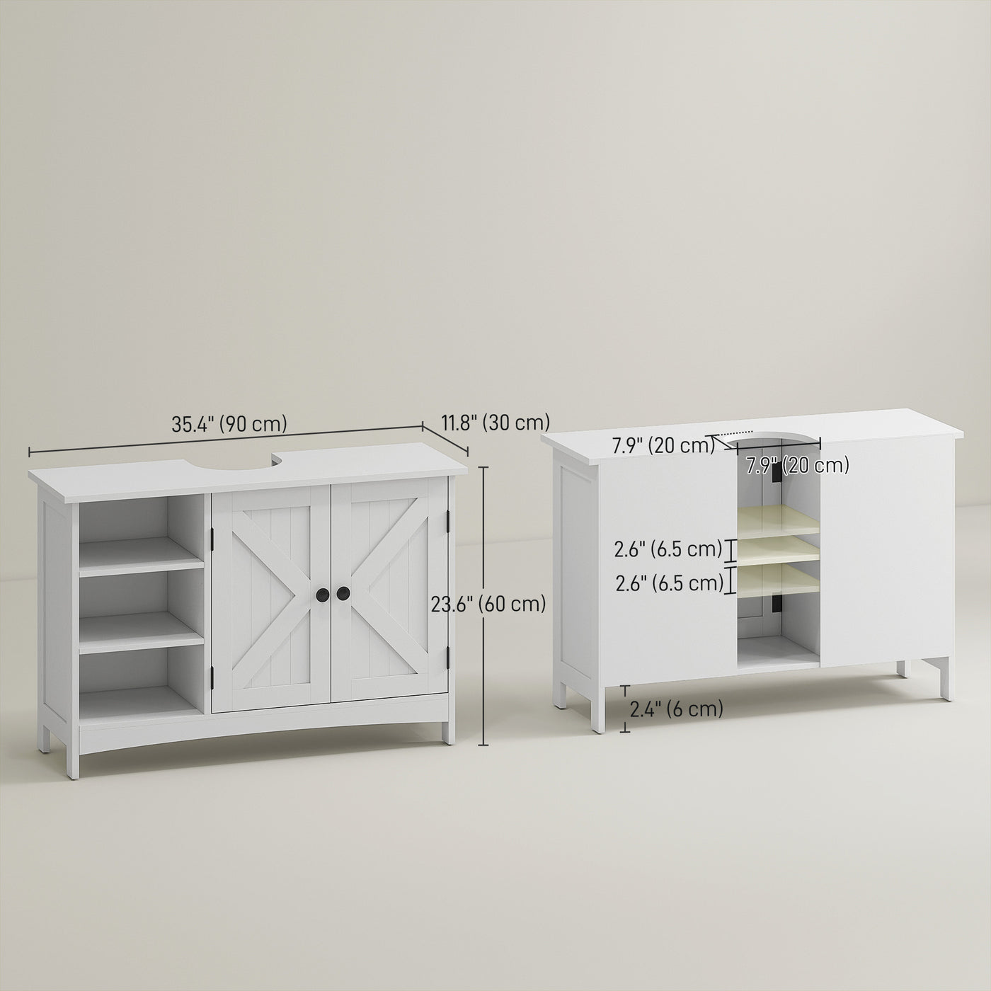 Bathroom Vanity Cabinet, Under Sink Storage Cabinet with Double Doors, Open and Adjustable Shelves, White