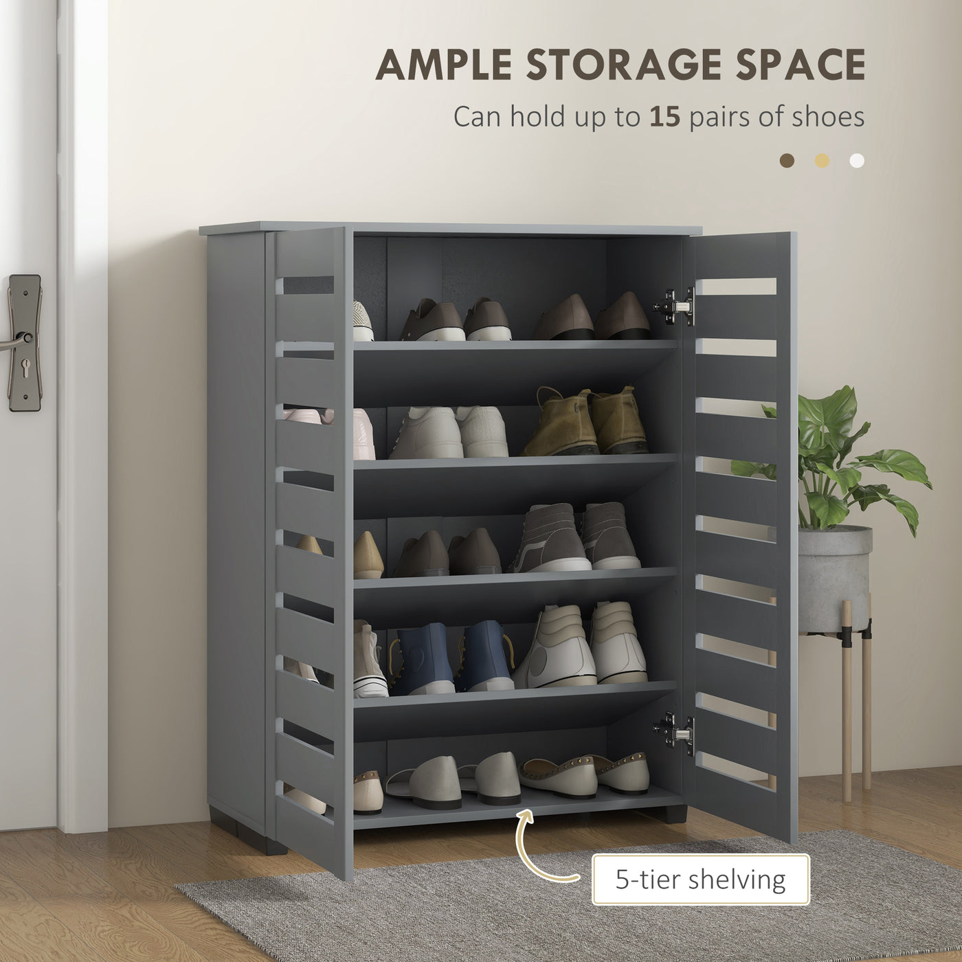 Shoe Storage Cabinet, Shoe Cabinet with 2 Slatted Doors for 15 Pairs of Shoes, Dark Grey