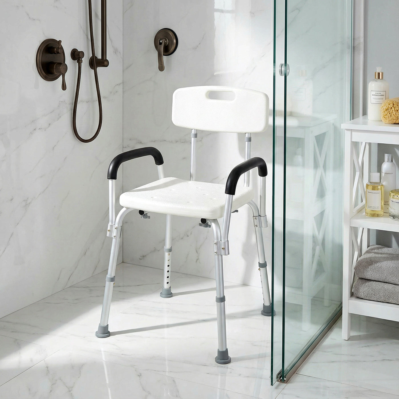 Adjustable Medical Shower Chair with Back, Bathtub Bench Bath Seat with Padded Arms, Non Slip Tub Safety for Disabled, Seniors, Elderly