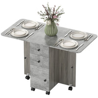 Drop Leaf Dining Table, Mobile Folding Table on Wheels with Drawers and Cabinet for Dining Room, Kitchen, Grey