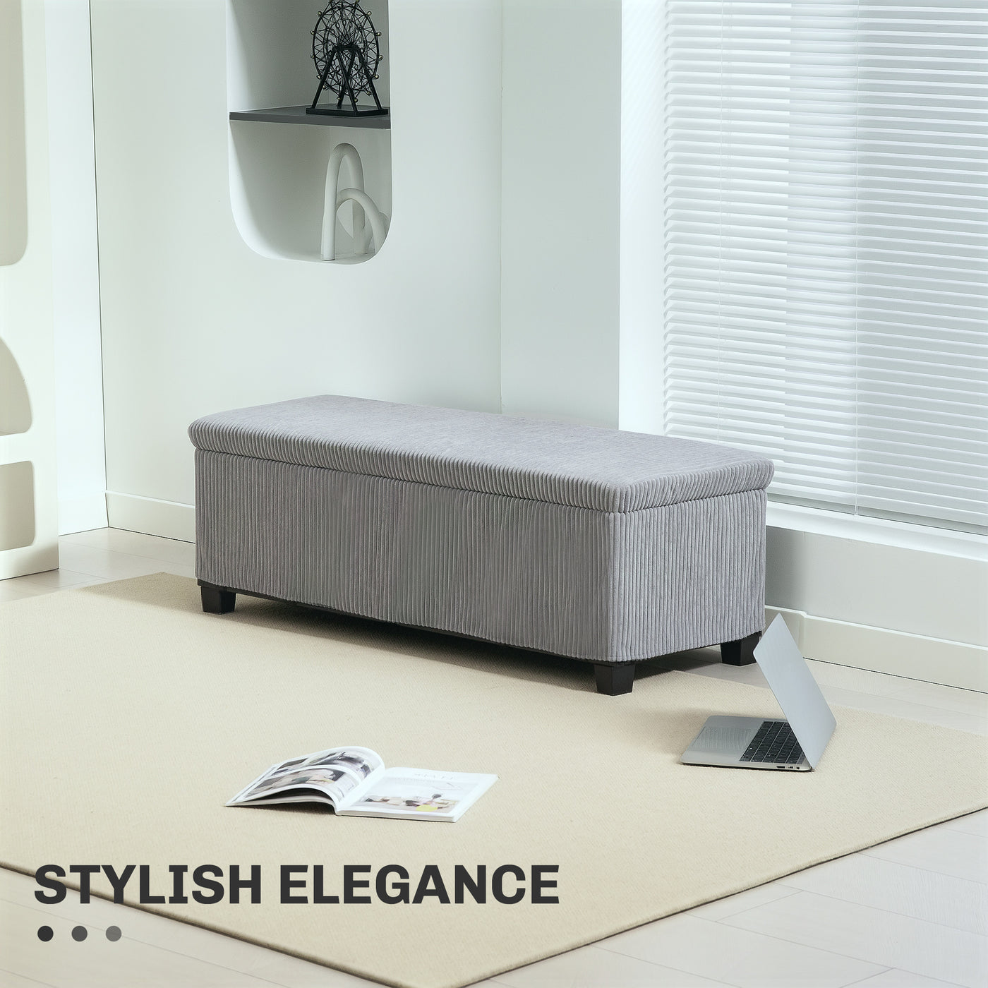 44 Inches Ottoman with Storage, Lid, Legs, Corduroy End of Bed Bench for Living Room, Bedroom, Entryway, Light Grey