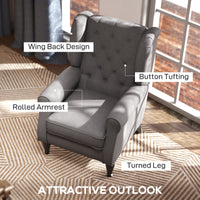 Fabric Accent Chair, Button Tufted Armchair, Armchair with Wood Legs, Thick Padding for Bedroom, Charcoal Grey